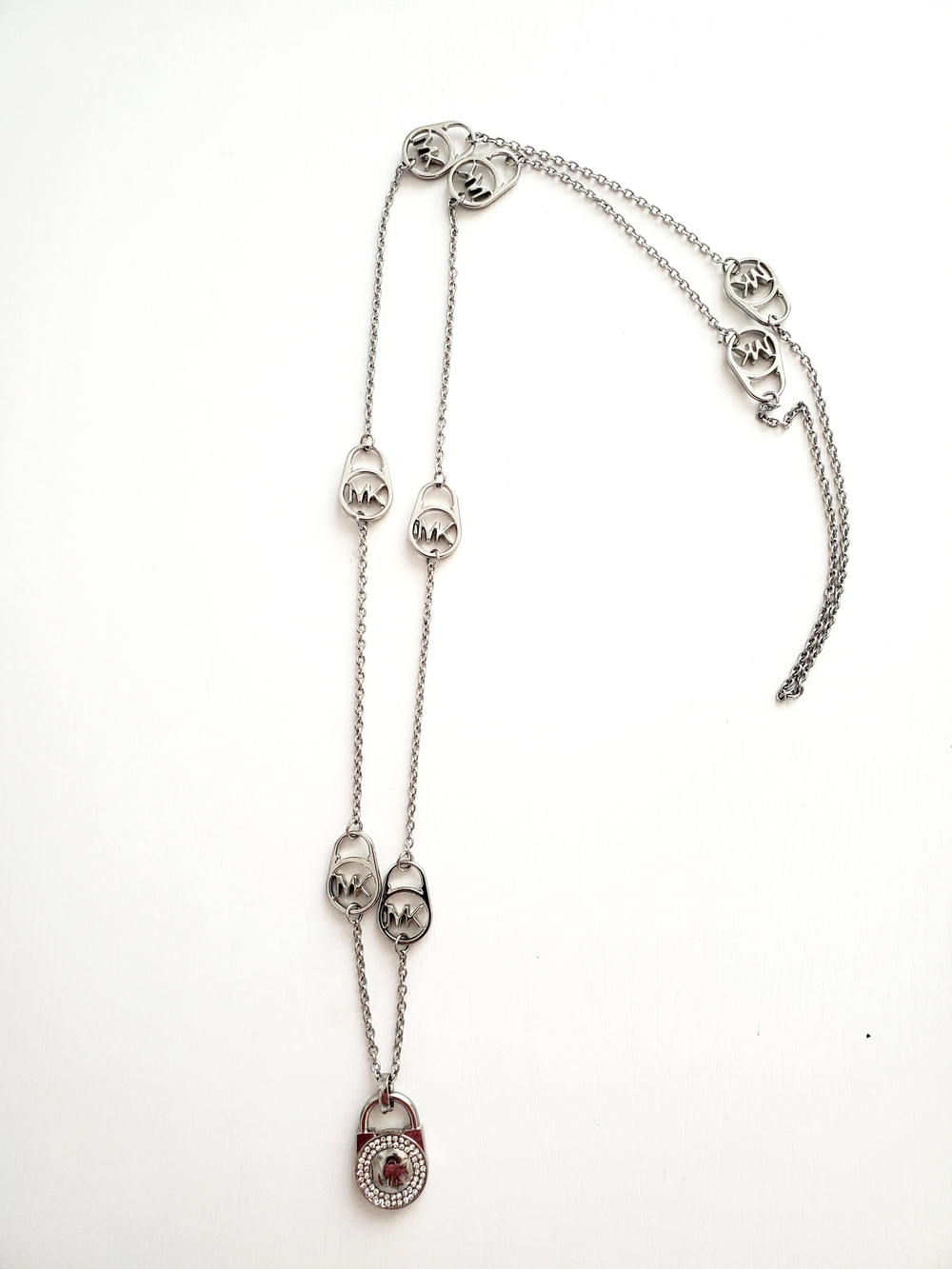 Michael Kors Silver-Tone Padlock Pendant Necklace with Red Accent Stone